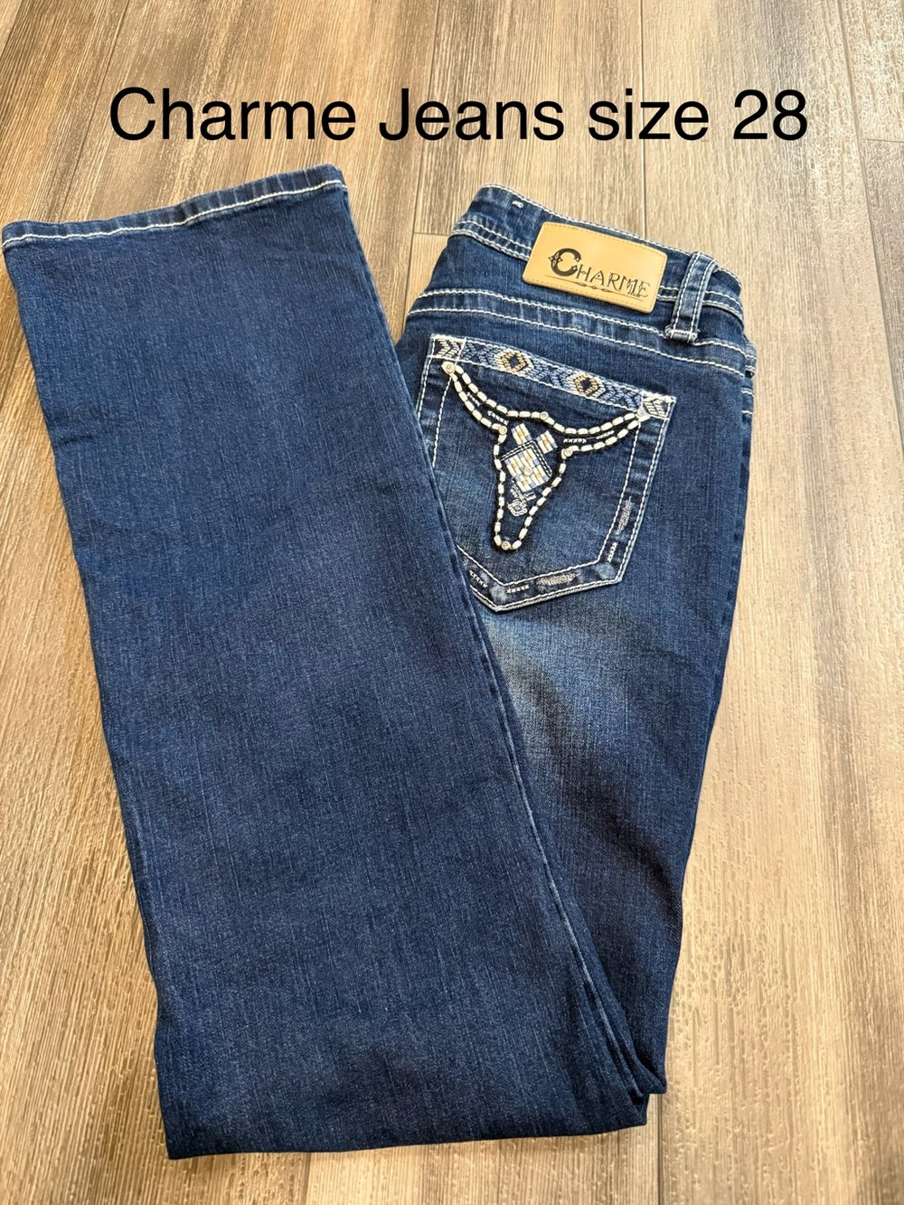 Charme Women's Dark Blue Boot Cut Jeans with Embellished Pocket - Size 28